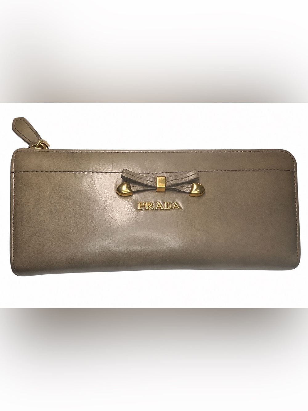 PRADA Fiocco Bow Zip Around Long Wallet Taupe Gray Leather Gold Tone COA